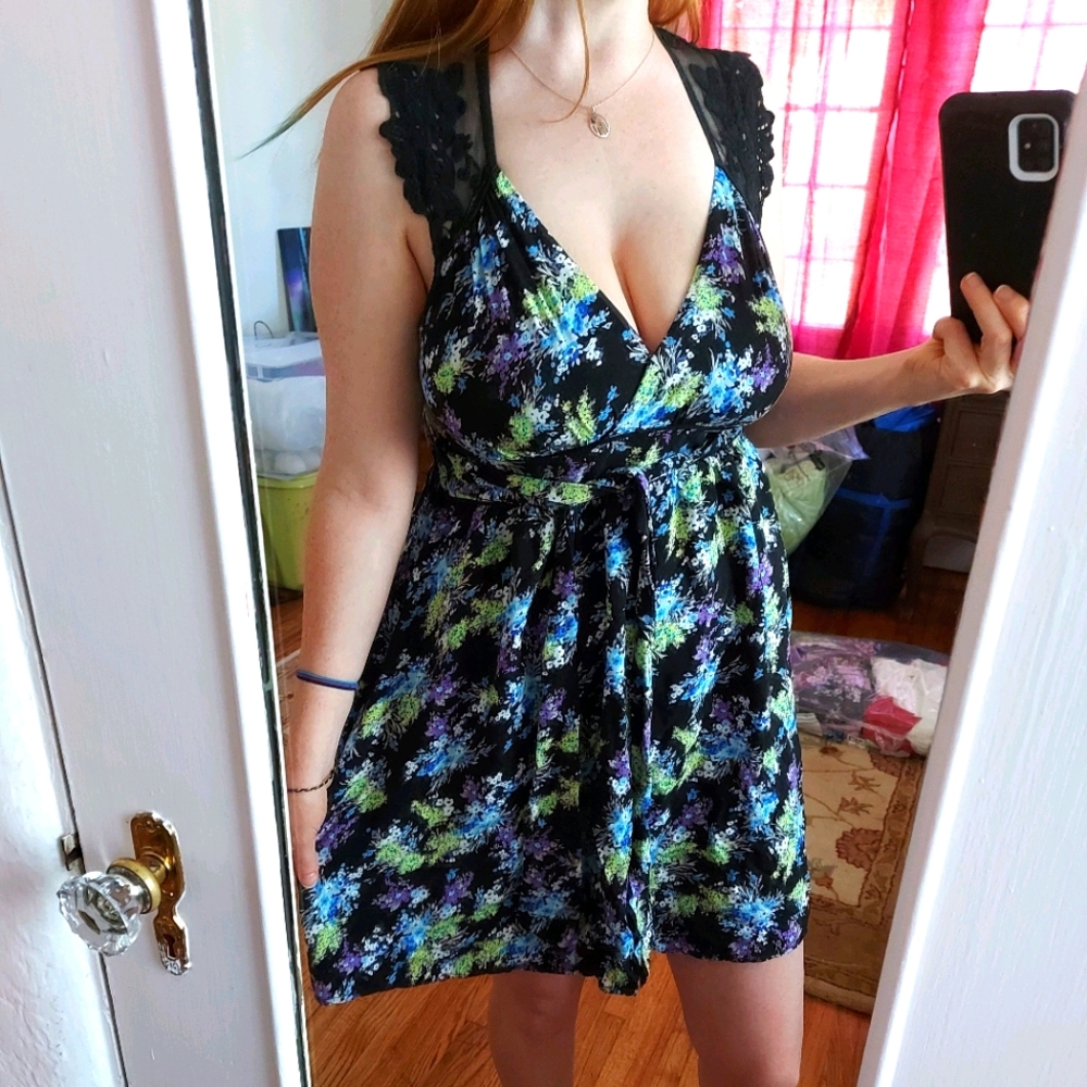 Floral Dress with Black Lace